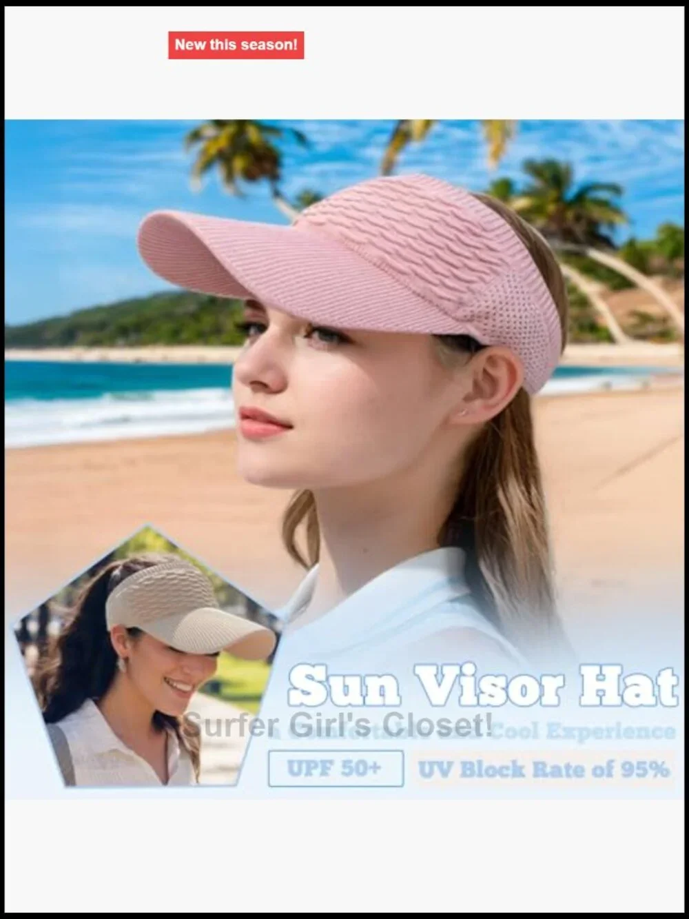 Wide Brim Sun Visor with UV Protection, Knitted Running Hat, Ponytail Friendly